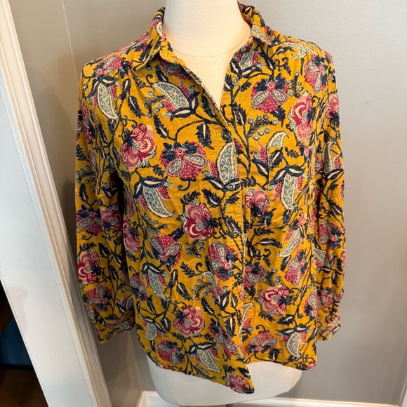 Pilcro Anthropologie Sigourney Corduroy Button-Down Shirt Yellow Floral Sml Boho - Picture 4 of 16